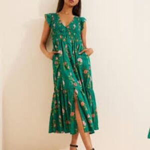 ANTHROPOLOGIE Peregrine Dress Smocked Bodice Buttonfront Midi LargePetite Green